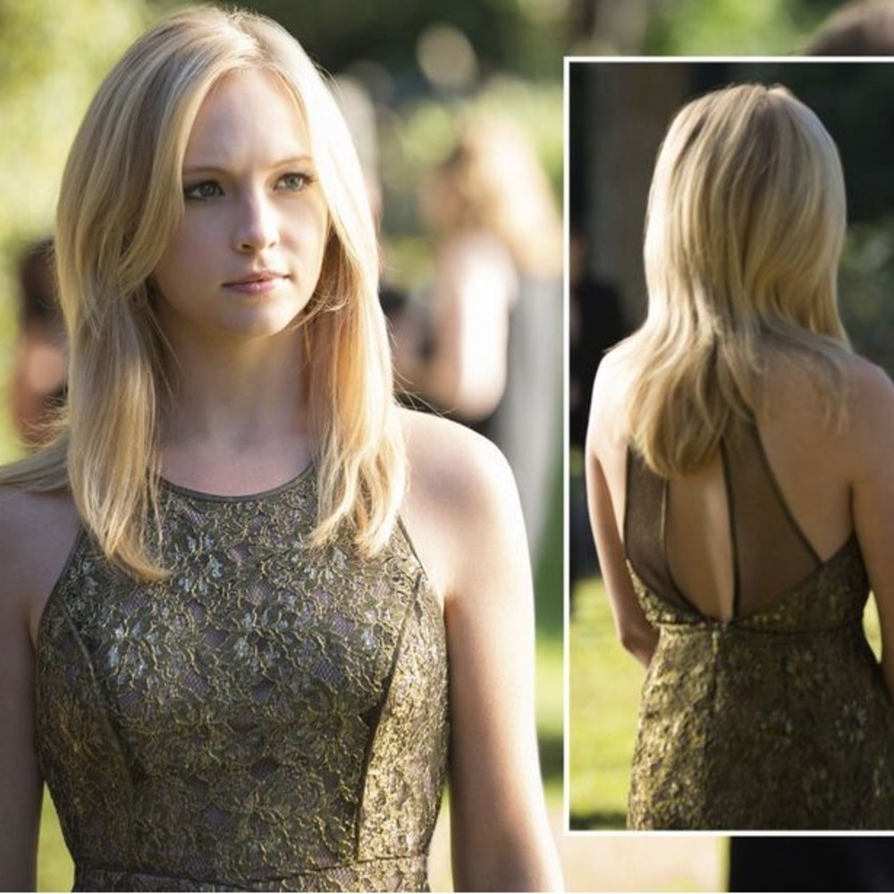 ASO Caroline Forbes the vampire diaries NWT BCBG Max Azria Gold Lace Dress sz 2